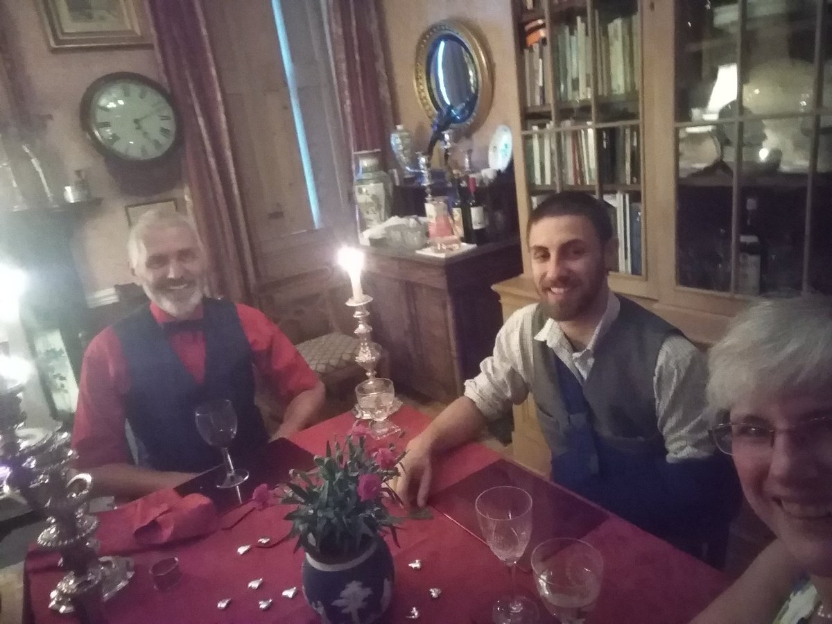 stoddart62's tweet photo. The injured gamekeeper and his faithful hound joined Prof Plum and myself for dinner this week. ๐ Amazing how prawn cocktail and white choc fudge can help start healing broken ribs and collarbone!! #relievedmum #stabilisersrequired #buyinghimatricycle https://t.co/vCGcfqfBTT