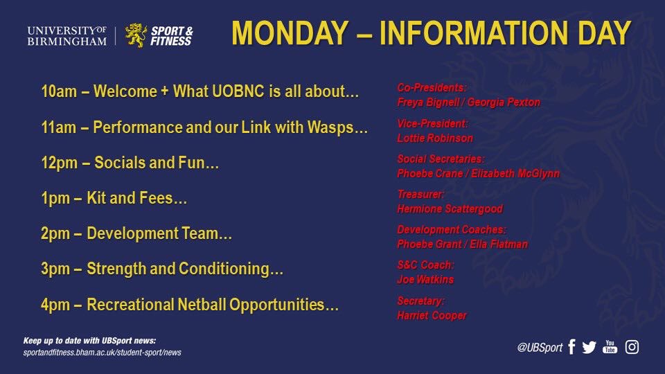 ***MONDAY INFORMATION DAY***
Here’s our timetable for tomorrow!! Turn on your post notifications to keep up to date🤩 

Stay tuned for our info day tomorrow💙💛❤️ 
#netball #netballlife #universitynetball #university #openday #universityopenday #universityofbirmingham