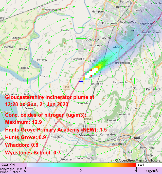 plumeplotter's tweet photo. Latest Gloucestershire incinerator plume plot, 12:28 21/06/20 #HuntsGrove #Whaddon #Matson https://t.co/pLGPvMCtFF https://t.co/tT5og5t8sO