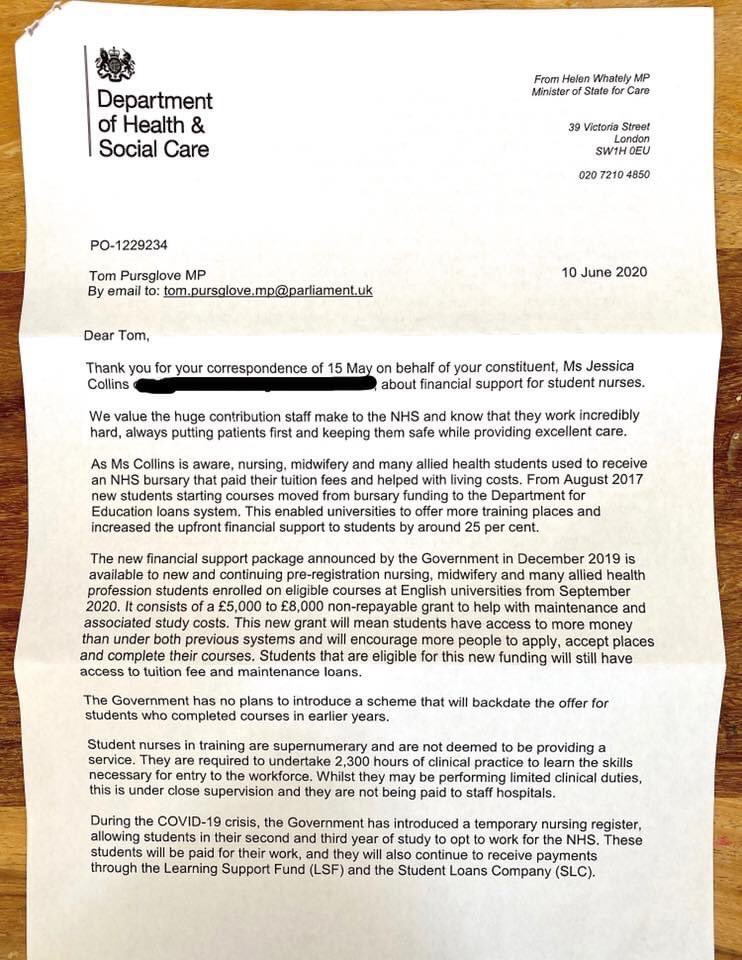 NHSMillion's tweet image. Here is Health Minister Helen Whately’s response to concerns from a student nurse

In it she says “student nurses are not deemed to be providing a service”

She wasn’t saying that when thousands of them joined the fight against Covid-19

Please RT so others can see