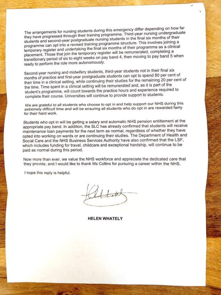 Here is Health Minister Helen Whately’s response to concerns from a student nurse

In it she says “student nurses are not deemed to be providing a service”

She wasn’t saying that when thousands of them joined the fight against Covid-19

Please RT so others can see
