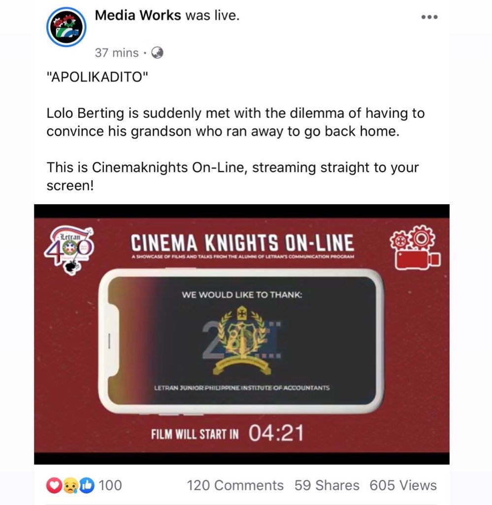 TheMediaWorks's tweet photo. Thank you to those who watched and supported the first premiere of #CinemaKnightsOnLine! 

For those who haven't join the live, the film is still available for viewing only at our Facebook page until 8:30 PM 

Stay tuned for more upcoming films! https://t.co/3nvjyhqWH6