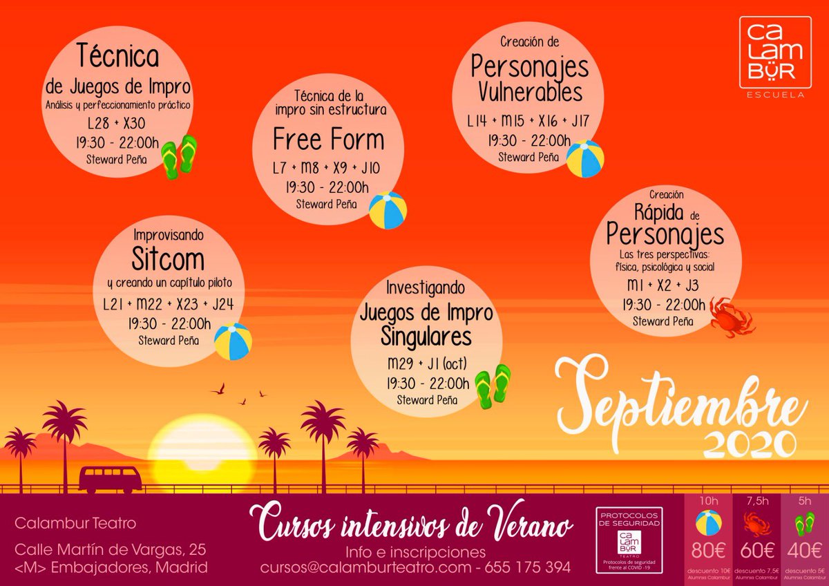 Calamburteatro's tweet photo. ¡Por fin volvemos a clase y lo hacemos con nuestros #cursos de verano!
Pasa un verano diferente y divertido disfrutando de la #impro.
📩 Apúntate en cursos@calamburteatro.com
📌 Toda la info en: https://t.co/eCz6MYNTg9
¡No te lo pienses más, #improvisatuvida! https://t.co/fN3IRqz4m5