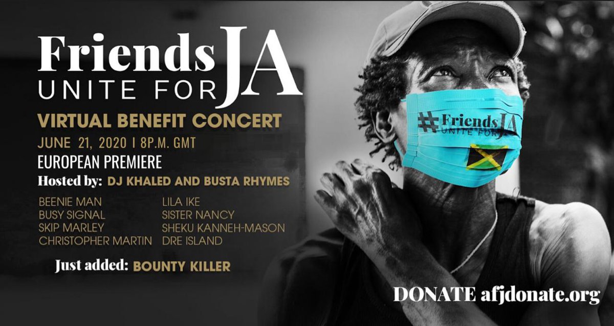 jaminfrance's tweet photo. #FriendsUniteForJA is today! Tune in and donate at https://t.co/AGmdjC5RZr. Hosted by @BustaRhymes & @djkhaled
Performances by @grunggaadzilla @KingBeenieMan
@Iamchrismartin @indiggco @SkipMarley @LilaIkeJa @ShekuKM Sister Nancy etc.
2 p.m. 🇯🇲
9 p.m. 🇫🇷 🇪🇸🇩🇪🇧🇪🇳🇱
8 p.m. 🇬🇧 https://t.co/h2jQ80gfMV