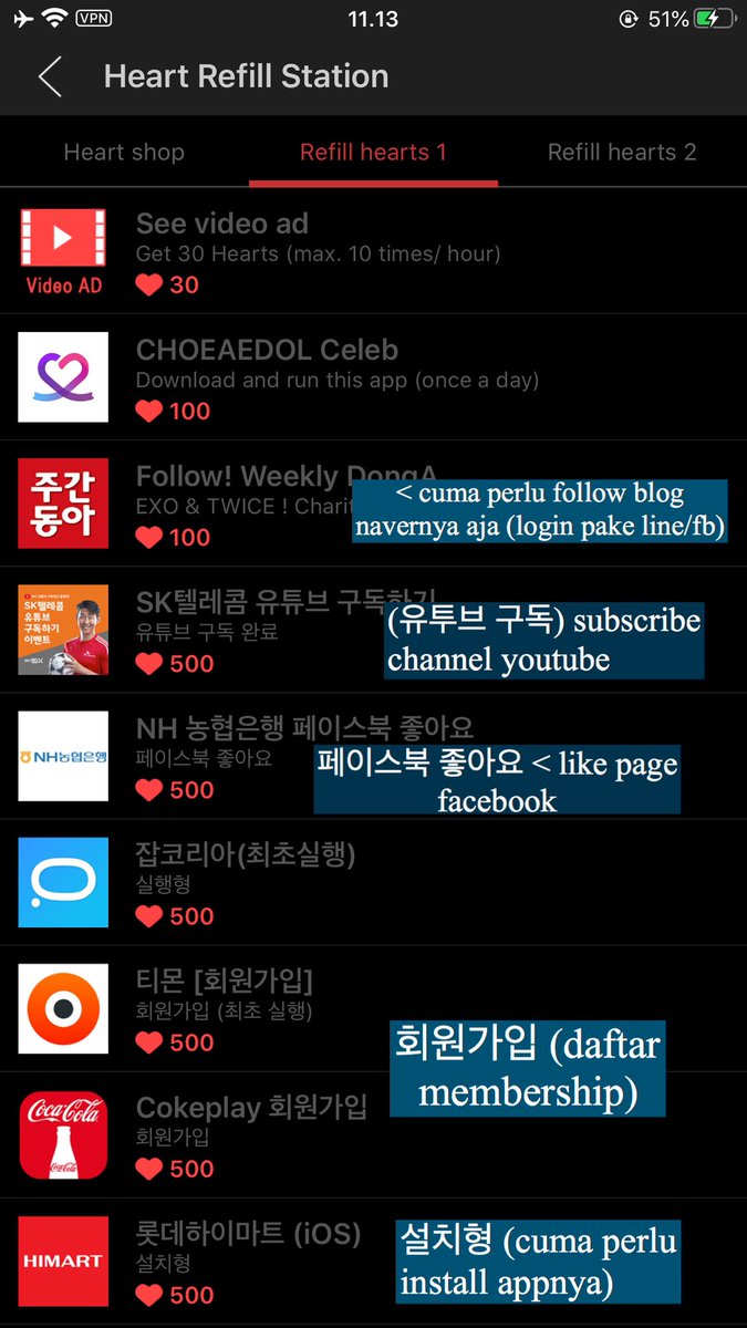 2. Heart refill station (jumlah  yang didapat bervariasi). untuk jalanin misi aku saranin cari misi2 mudah kayak follow blog, subscribe channel yt, like page, dan install app aja dulu. (TURN ON VPN KOREA sblm jalanin misi)