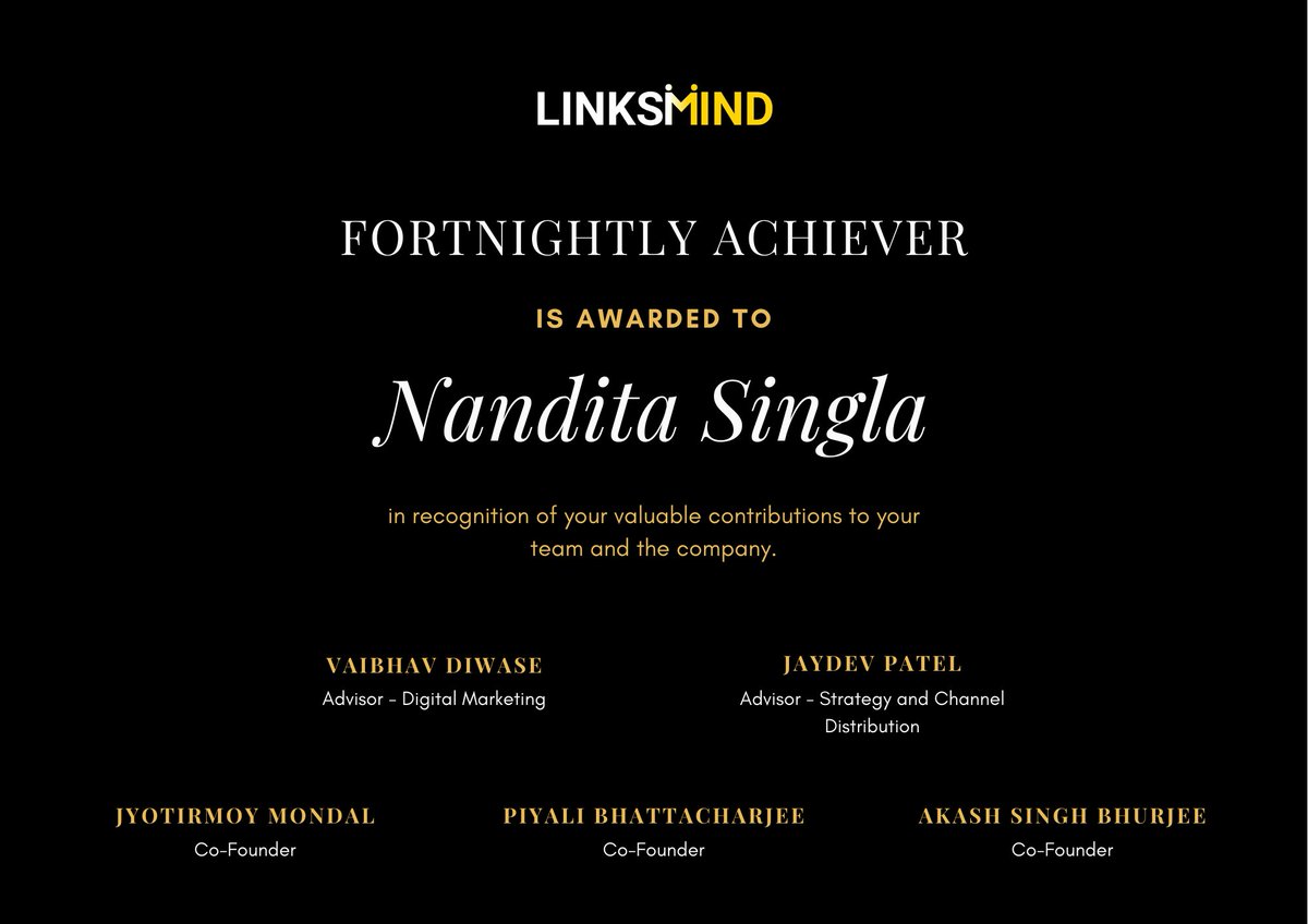 linksmind's tweet photo. We take this opportunity to felicitate our fortnightly achievers - Nandita Singla for her efforts on bringing financial structure, Anurag Kumar for helping unlock operational efficiencies and Devashish Toliwal for walking the last mile of bringing in revenue
#Linksmind
#Interns https://t.co/2xfIjSZ9W0