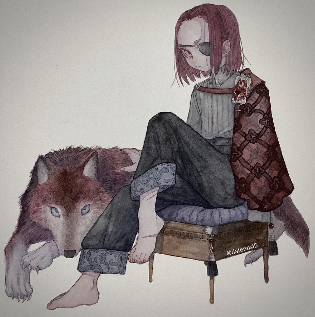 「「赤の王」

孤高の少年王タグの少年です。
孤高ではなく、つがいの狼が居ますが…」|慎(しん)居たり居なかったりのイラスト