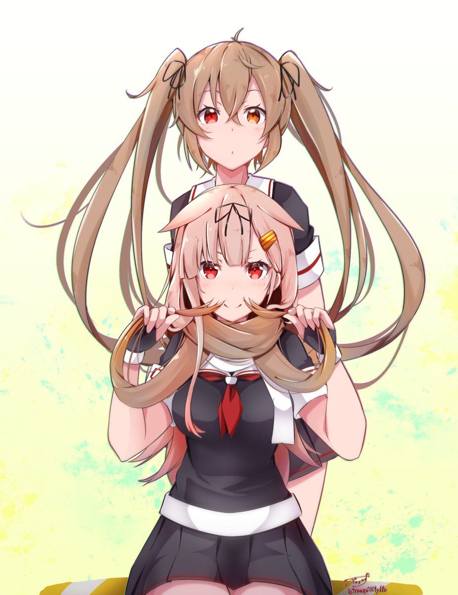 murasame (kancolle) ,yuudachi (kancolle) ,yuudachi kai ni (kancolle) multiple girls twintails 2girls black serafuku red eyes school uniform long hair  illustration images