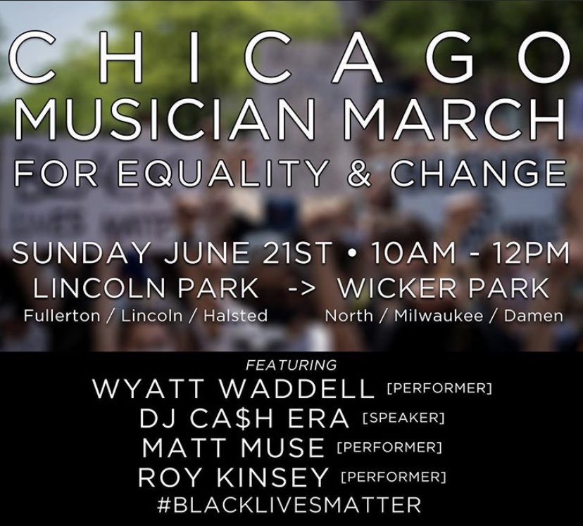 DJCaShEra's tweet photo. SUNDAY BRUNCH IS CANCELLED TODAY!!! I’ll be speaking this morning at the Chicago Musician March to discuss the industry, share my experiences, and more. Performances by @MattMuse12 @RoyKinsey and more 🖤

#BlackLivesMatter https://t.co/kqxmhDRkAE