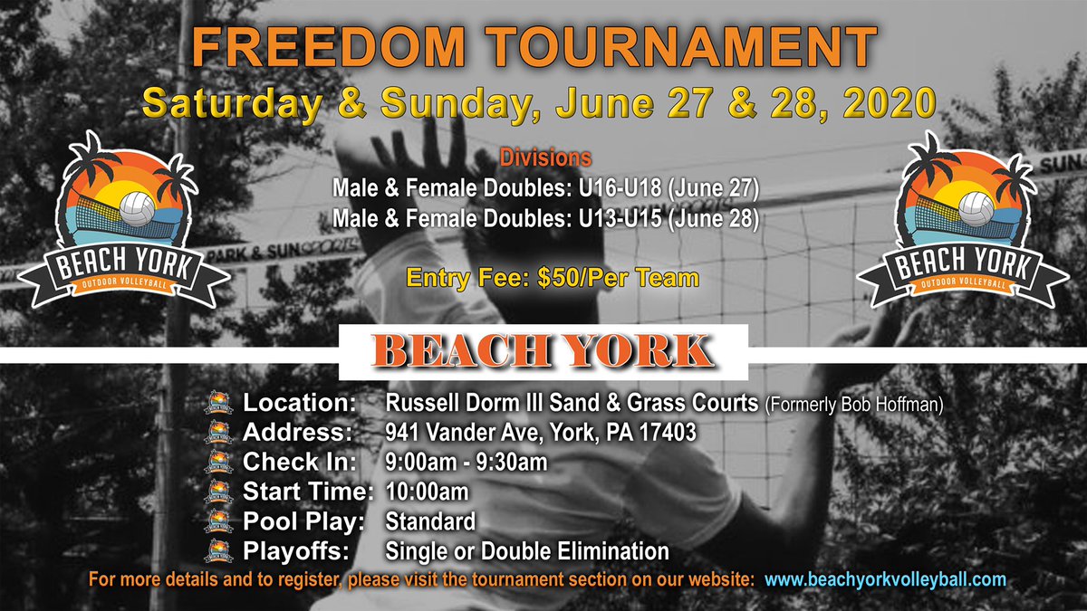 beachyorkvolley's tweet photo. Get your teams ready! Beach York Tournaments are back. Our Freedom Tournament will be held next weekend, June 27th and 28th. Register online at https://t.co/nu1Q0QBQL7. Space will be limited.  We hope to see you all there! https://t.co/GsYHuv5JCy