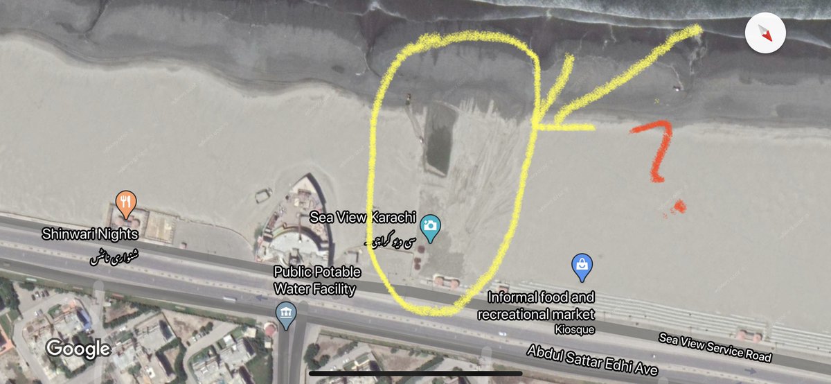 Something very fishy is up at Seaview. The big encroachment which you see on the beach is a building called Chunky Monkey. Inside the yellow circle are public toilets. Tractors constantly rake the sand about on that spot. What exactly are they trying to accomplish?  #Karachi