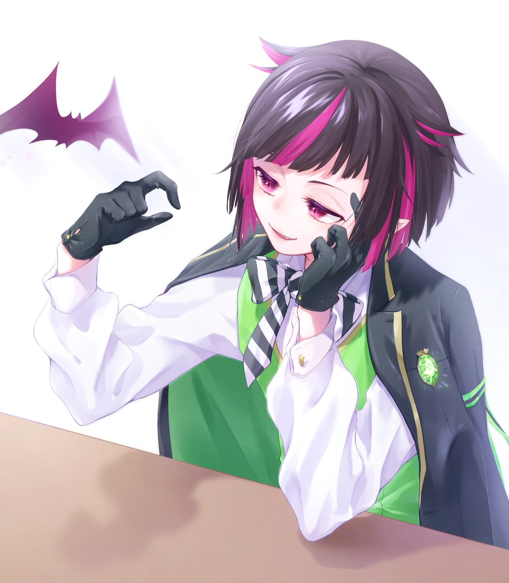 1boy male focus gloves pointy ears pink hair black hair school uniform  illustration images