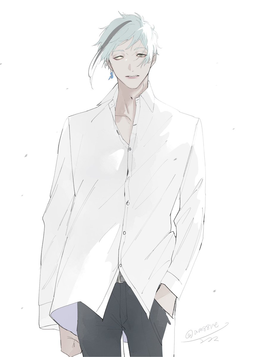 1boy male focus shirt streaked hair white shirt solo pants  illustration images