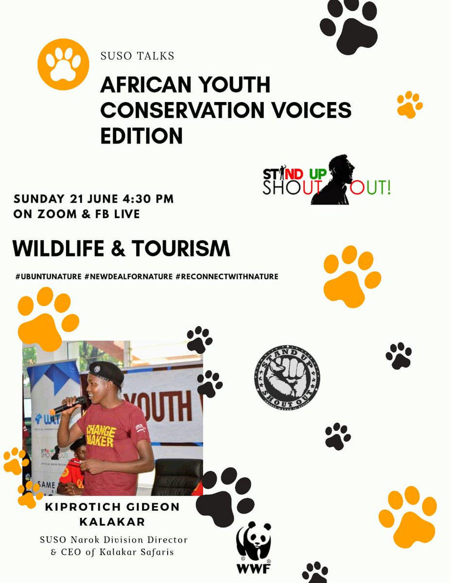 SUSOyouth's tweet photo. TODAY ON SUSO TALKS ~ AFRICAN YOUTH CONSERVATION VOICES EDITION.* 
 We have
Kiprotich Gideon Kalakar who is the Director SUSO Narok Division &amp; CEO Kalakar Safaris speaking on *Wildlife &amp; Tourism* at 4:30pm on zoom and FB Live
#UbuntuNature #NewDealForNature #ReconnectWithNature https://t.co/uydGtDVPFY