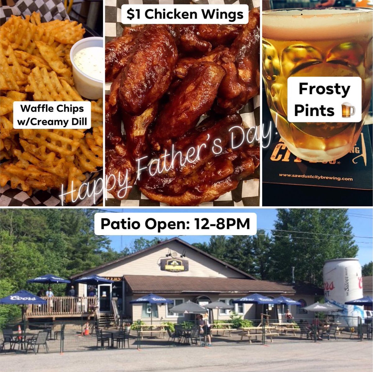 Cheers to you, Dad! For a limited time, enjoy Frosty’s meaty chicken wings for $1 each. Call us for takeout or relax on the patio with a frosty pint! We’re open today, 12-8PM. (705-687-4333) #seeyouatthepub #frostypintpub #gravenhurst #muskoka #happyfathersday #relaxonthepatio
