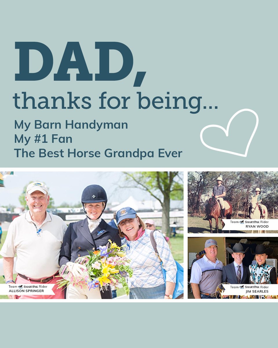 SmartPak's tweet photo. We're wishing a Happy Father's Day to all the great barn dads out there! Read the messages from #TeamSmartPak Riders and SmartPakers for their dads in our blog here: https://t.co/yyslAnoJAa https://t.co/ks54ZU0C8J