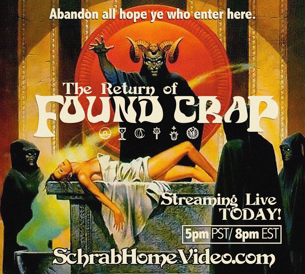 RobSchrab's tweet photo. *TODAY* STREAMING LIVE! Only at https://t.co/8Qa0GEbuF3! It’s another episode of FOUND CRAP! Found footage, weird media and retro commercial goodies all mashed up in one show! BE THERE! 5pm PST/8pm EST #schrabhomevideo #Harmontown #foundcrap #missvanjie https://t.co/FC8v2juchx