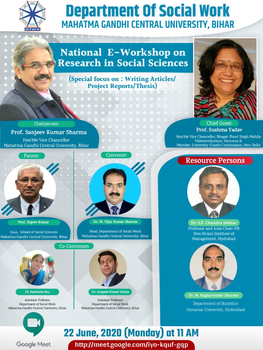 Join the #National E-Workshop On Research In Social Sciences 
on 22nd of June 2020 at 11 Am under the guidance of #KulGuru @GSIPSA.Thanks MGCUB administration for providing such a wonderful opportunity to #ResearchScholar
@HRDMinistry @DrRPNishank
@ugc_india @MGCUBihar
@GSIPSA