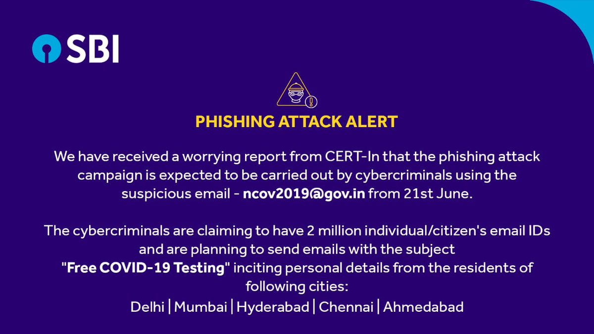 TheOfficialSBI's tweet photo. Attention! It has come to our notice that a cyber attack is going to take place in major cities of India. Kindly refrain yourself from clicking on emails coming from ncov2019@gov.in with a subject line Free COVID-19 Testing. https://t.co/RbZolCjLMW