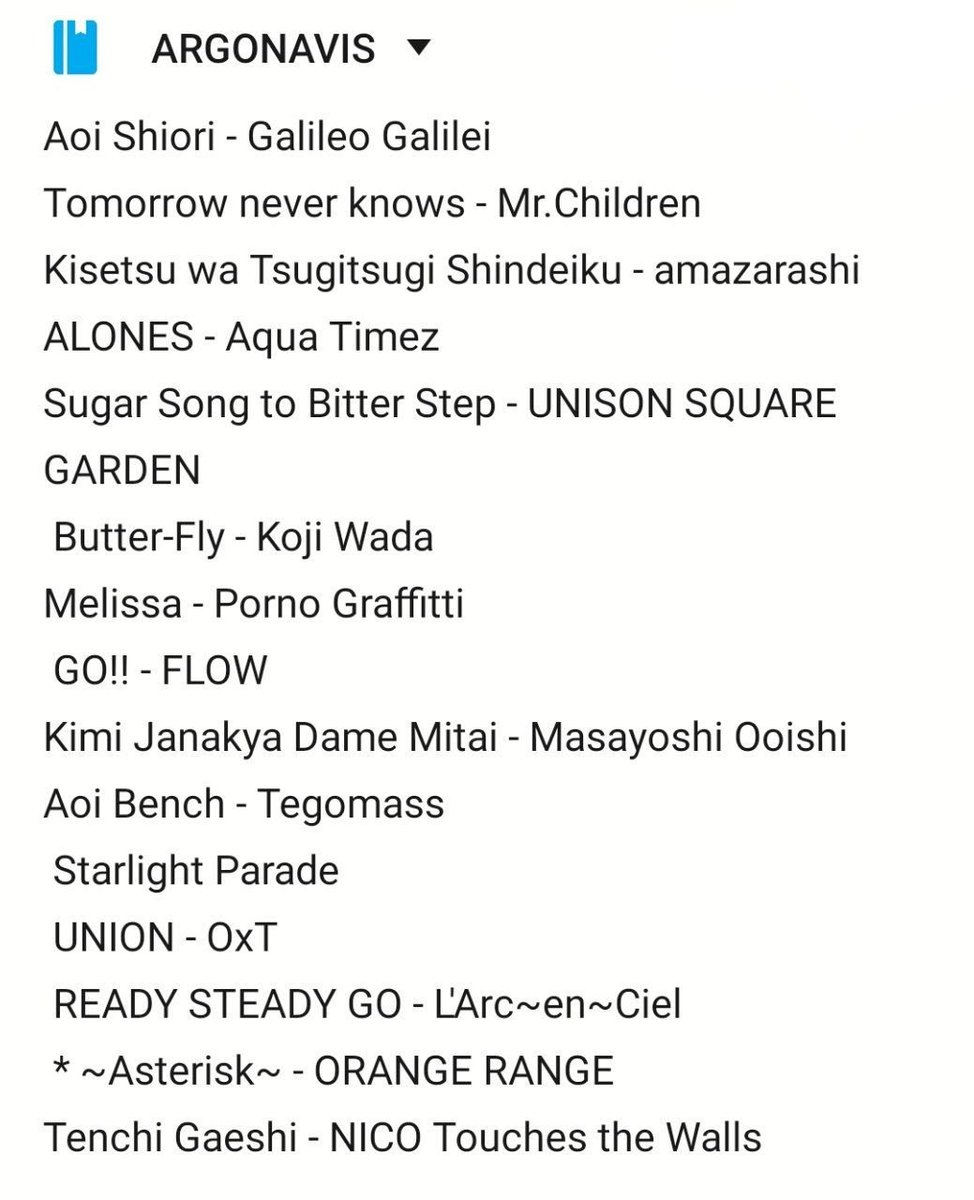 -Songs-Argonavis' original songs lyrics are almost always written by Kou Nakamura (also Poppin' Party's lyricist!), and they also have collaborated with Tomoya Tabuchi from UNISON SQUARE GARDEN!Discography:  https://argo-bdp.fandom.com/wiki/Argonavis/DiscographyArgonavis Covers: