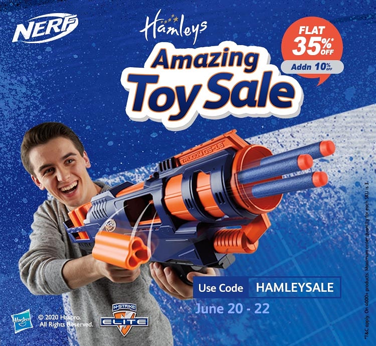Slam. Fire. Action. Check out the latest collection of Nerf blasters at Hamleys Amazing Toy Sale. FLAT 35% OFF + Additional 10% OFF, Use Code HAMLEYSALE. Hurry and visit the link hamleys.in #hamleys #toys #experience #magic #amazingtoysale #sale