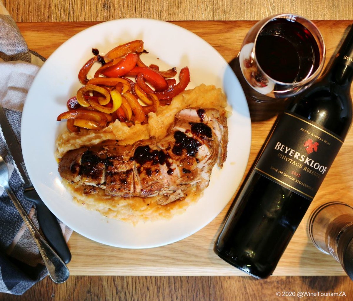 #SundayLunch | #PorkFillet with a with Honey, Garlic, Ginger & Soy sauce served with roasted peppers on top of rustic mash. Paired with an old favourite  #Beyerskloof #PinotageReserve. #PinotageLover
#foodandwinepairing #stayathomecooking #sundaycooking #pinotage