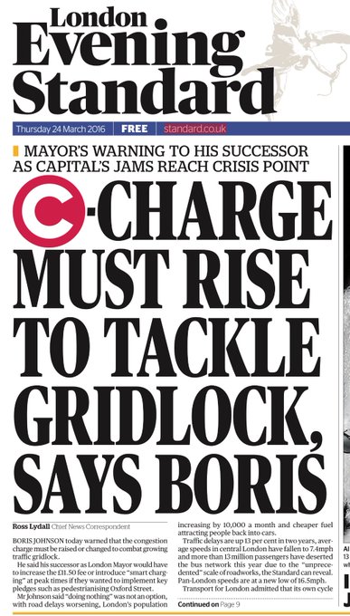 A certain Boris Johnson (can't think where he is now) said right at the end of eight years as Mayor in which the charge was made easier and cheaper to pay in real terms that the Congestion Charge in London should go up.