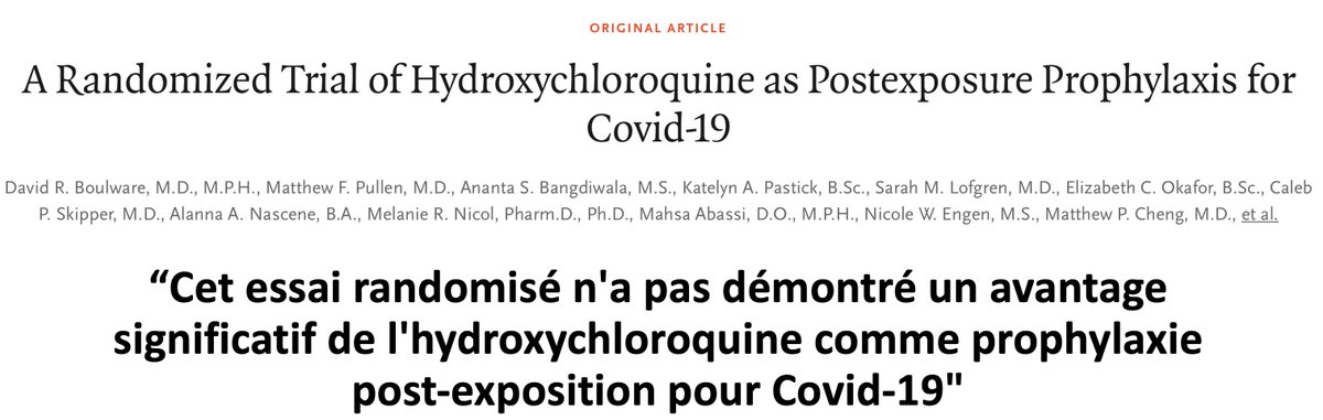 Conclusion très claire des auteurs "après une exposition à risque élevé ou à risque modéré de Covid-19, l' #HCQ n'a pas empêché une maladie compatible avec  #Covid19 ou une infection confirmée lorsqu'elle a été utilisée comme prévention dans les 4 jours suivant l'exposition"4/n