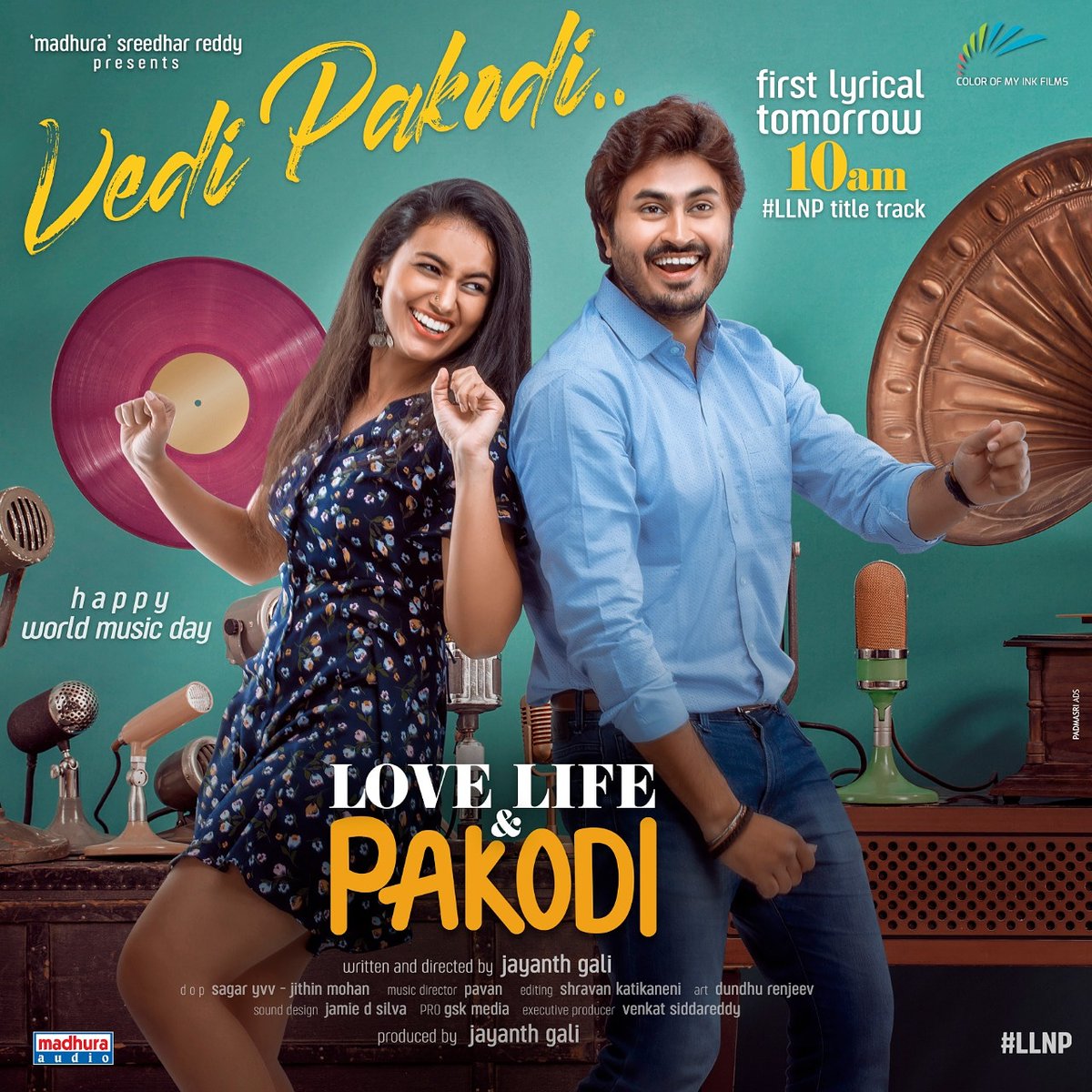 Brace yourselves! 🔥 First song from my debut film #LoveLifeAndPakodi is releasing tomorrow at 10:00AM Thanks to @madhurasreedhar @filmijay @vrsiddareddy 😄