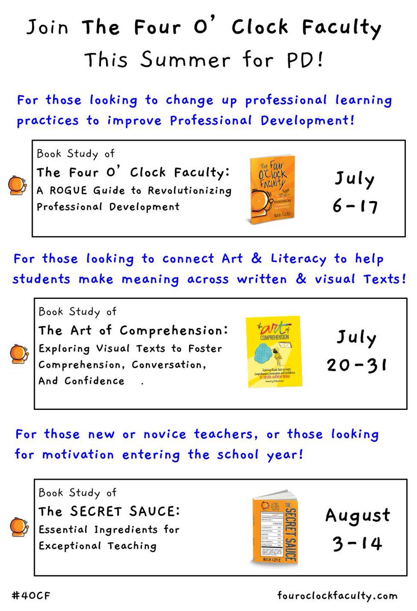 4OClockFaculty's tweet photo. Join us for a Summer Book Study (or three)! Starting July 6 with The #4OCF and #ArtOfComp and #TheSecretSauce later this summer. Sign up here: https://t.co/cIHzttxIuO @Ryan7Read @smbosch @smgaillard @burgess_shelley @wenders88 @DonnaADonner @burgessdave @cradisch_wc @tonnet https://t.co/uqaHvB8Hdk