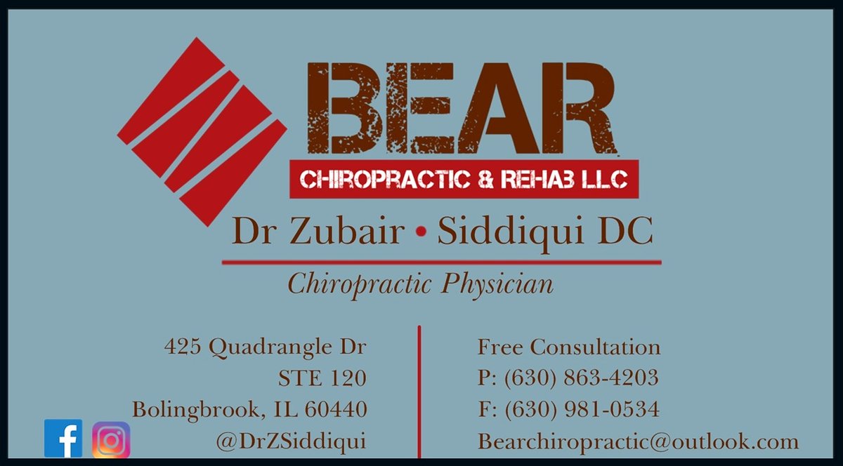 BearChiroRehab's tweet photo. Finally on Twitter!!
I'm Dr Zubair Siddiqui DC,
#chiropractor in #Bolingbrook.
I offer a wide range of services from chiropractic #adjusments, #rehab, #exercises, #acupuncture, #IASTM, #kinesiotaping, #electricstims, #nutritional counseling, #herbal and #dietary #supplements! https://t.co/zsGjGlP4za