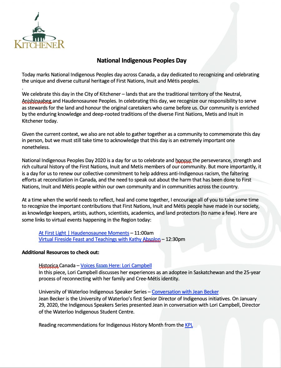 Today marks National  #IndigenousPeoplesDay   in the  @CityKitchener and across Canada - a day dedicated to recognizing and celebrating the unique and diverse cultural heritage of First Nations, Inuit and Métis peoples. Let's use today to celebrate & renew our commitments to action.