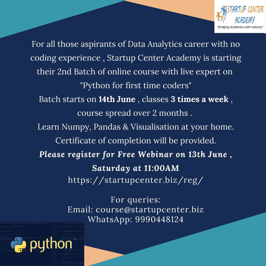 center_startup's tweet image. Online Python Course in beginners by Startup Center Academy only Rs 499/
Enrol Now startupcenter.biz/courses
#OnlinePython
#pythoncourseinhindi
#students
#studying
#beginners
#btech
#bba
#mba #btech #edu #hindi
#Management #freshers