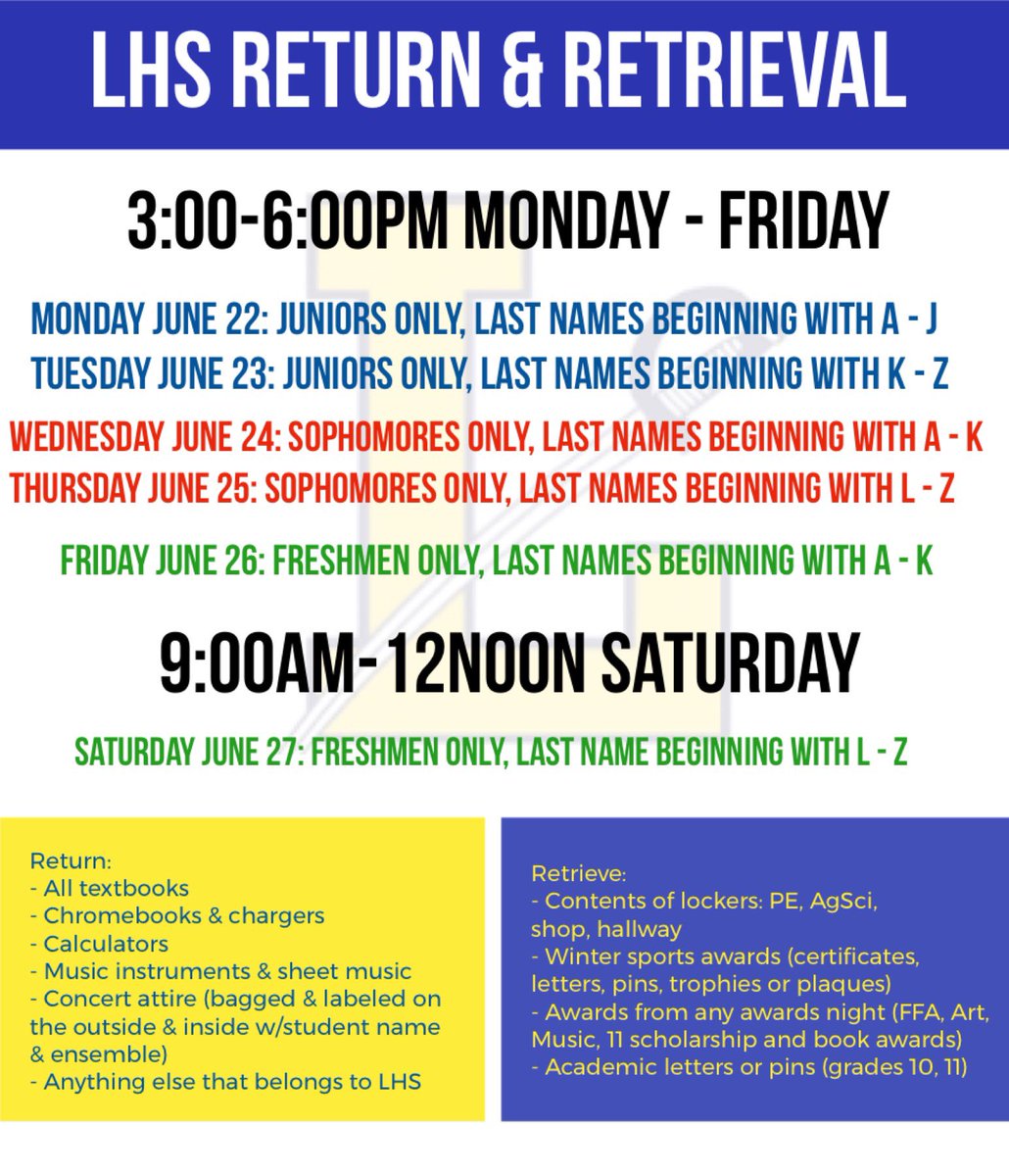 Ledyard2023's tweet photo. Happy summer, future sophomores! Your return and  retrieval starts tomorrow, here’s the info! https://t.co/O9eA3msPcv