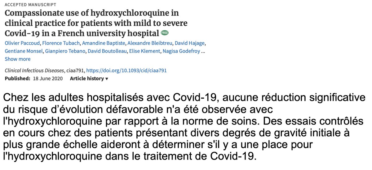 De nombreuses autres études bien menées vont ds le même sens et le tps me manque pour toutes les citer mais les analyses combinées les incluent, de même que celles qui semblent montrer efficacité  #HCQ --> conclusion sans appel = aucune inefficacité  #HCQ ! https://academic.oup.com/cid/advance-article/doi/10.1093/cid/ciaa791/5859555