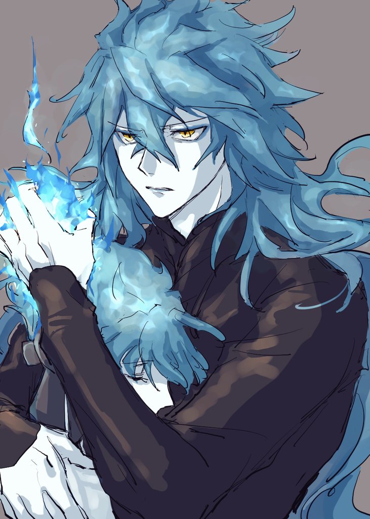 long hair male focus yellow eyes fire blue fire blue hair fiery hair  illustration images