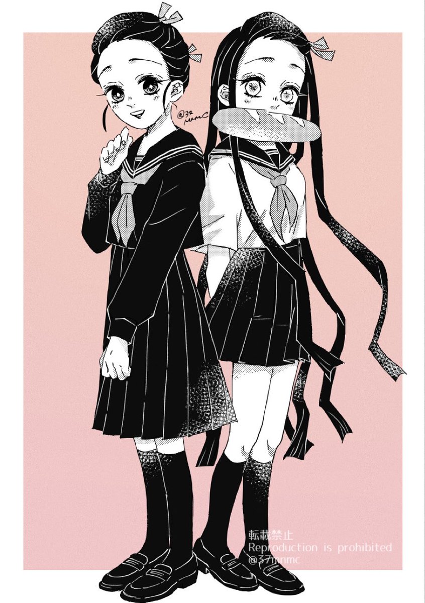 kamado nezuko multiple girls 2girls school uniform serafuku skirt long hair bread  illustration images