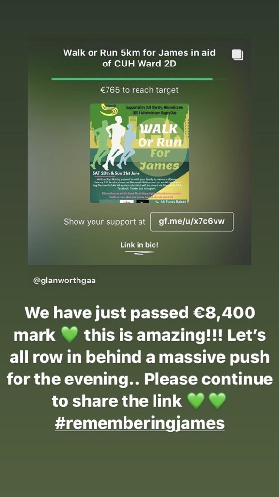 glanworthgaa's tweet photo. We have just passed €8,400 mark 💚 this is amazing!!! Let’s all row in behind a massive push for the evening.. Please continue to share the link 💚💚 #rememberingjames https://t.co/SpOMAxtISQ