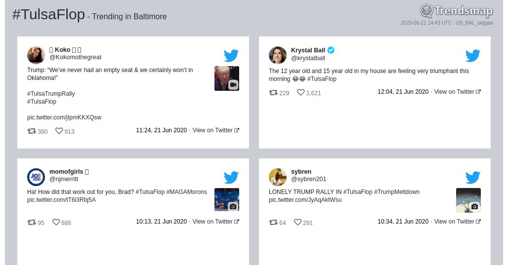 TrendsBaltimore's tweet photo. #tulsaflop is now trending in #Baltimore

https://t.co/BSCB9yWFG2 https://t.co/4rRIJJl3Tm