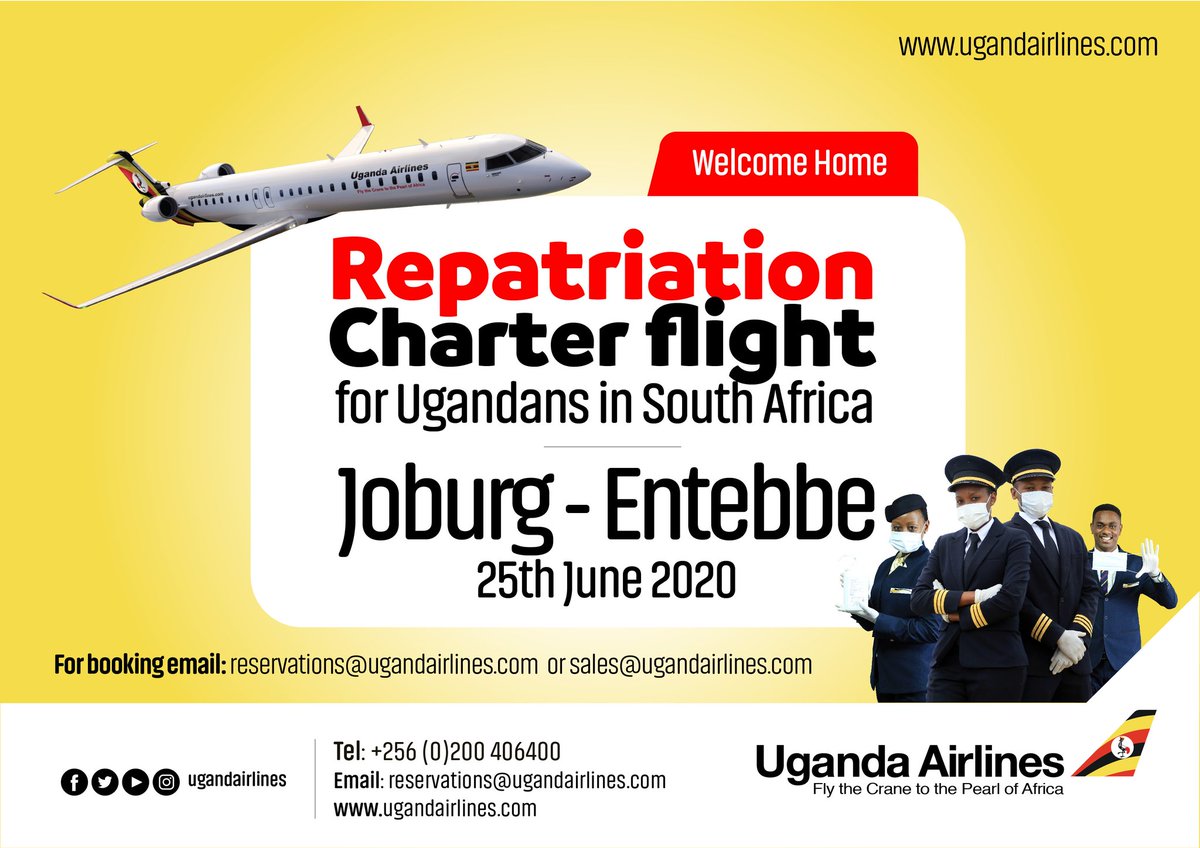 UG_Airlines's tweet photo. Welcome Home! Uganda Airlines will operate a repatriation charter flight for Ugandans in South Africa; Joburg to Entebbe on 25th June 2020.

#WelcomeHome #StaySafe https://t.co/ynFTuofGtJ