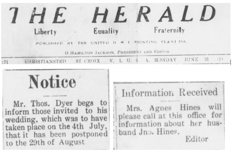 The Herald: Thos. Dyer and Agnes/Jno. Hines, June 21, 1920.