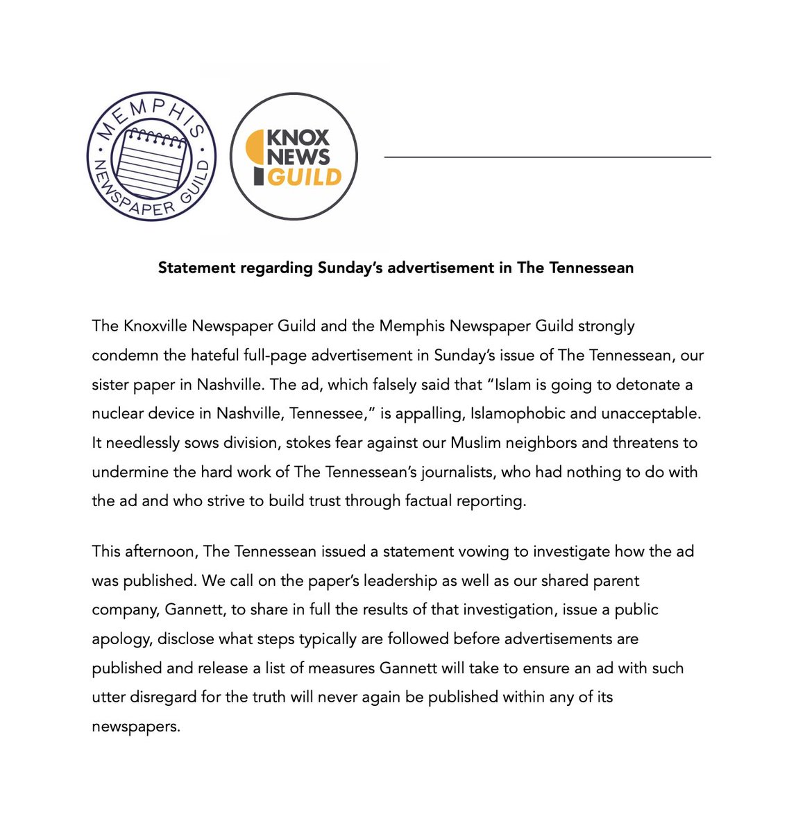 Knoxville Newspaper Guild (@knoxnewsguild) on Twitter photo We, along with <a href="/memnewsguild1/">Memphis News Guild〽️</a>, condemn the ad that ran today in The Tennessean. The hardworking journalists in Nashville deserve better. We, along with <a href="/memnewsguild1/">Memphis News Guild〽️</a>, condemn the ad that ran today in The Tennessean. The hardworking journalists in Nashville deserve better.