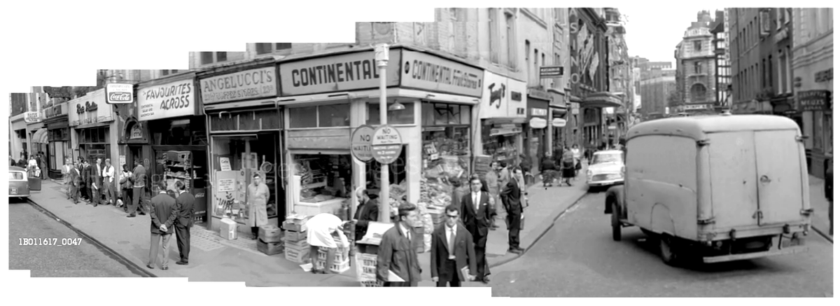To complete this thread on  @TheBaristas and its neon lights (still there on) this 1960 panorama of Frith and Old Compton St showing Bianchi, Bar Italia,"Favorites Across", Angelucci's, Continental & Casino cinema (Greek St corner).[ext. from BBC clip 1B011617_0047 hold by Getty]