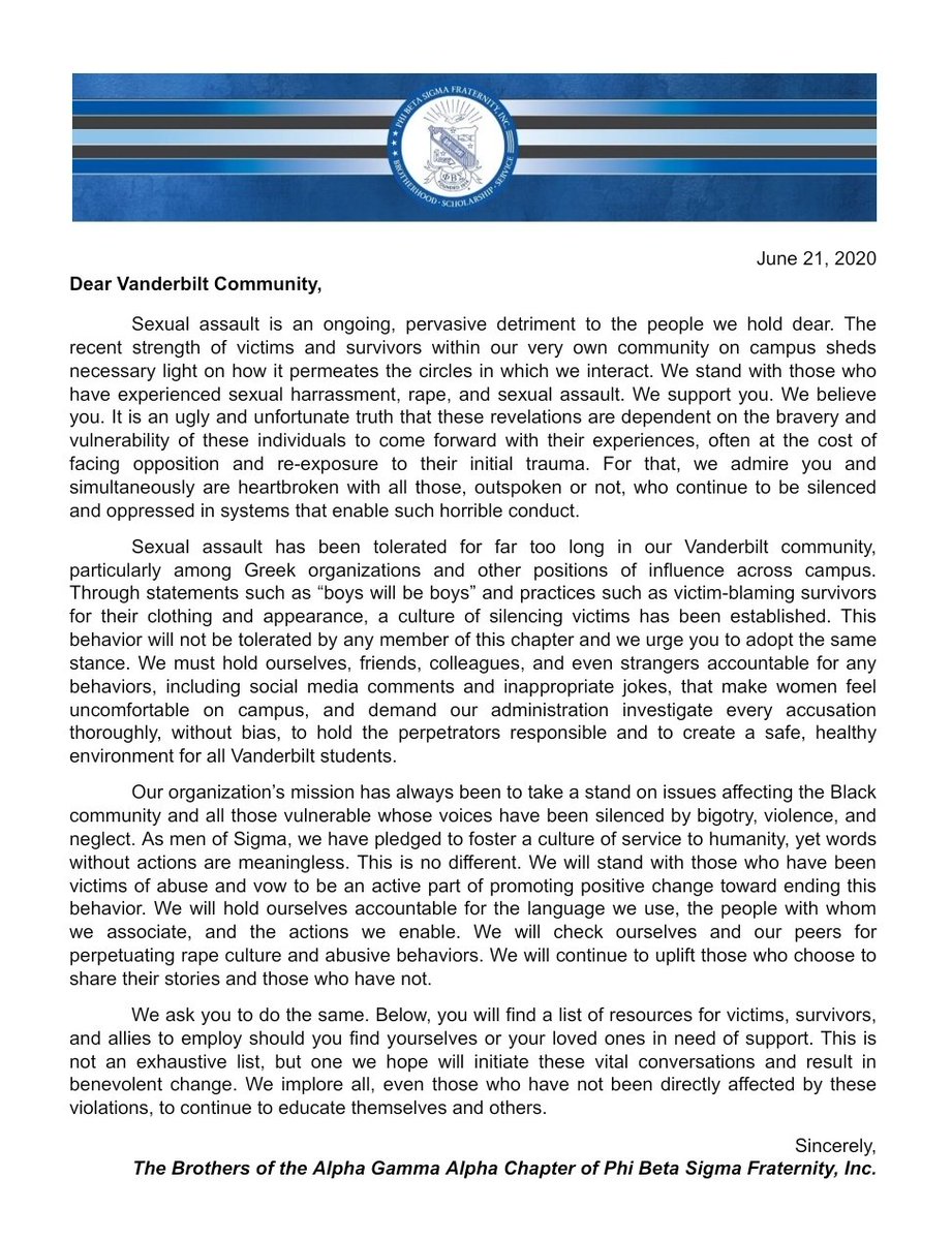 VandySigmas's tweet photo. A Statement of Solidarity with Victims and Survivors of Sexual Assault. For actionable resources and support, visit the link in our bio. https://t.co/wLoLGpEoR6