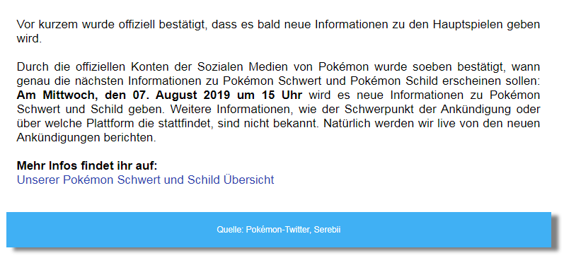STSD: Neue Informationen und Ankündigungen!
Plinfa · 05. August 2019, 14:00 Uhr (UTC)

Vor kurzem wurde offiziell bestätigt, dass es bald neue Informationen zu den Hauptspielen geben wird.

Durch die offiziellen Konten der Sozialen Medien von Pokémon wurde soeben bestätigt...