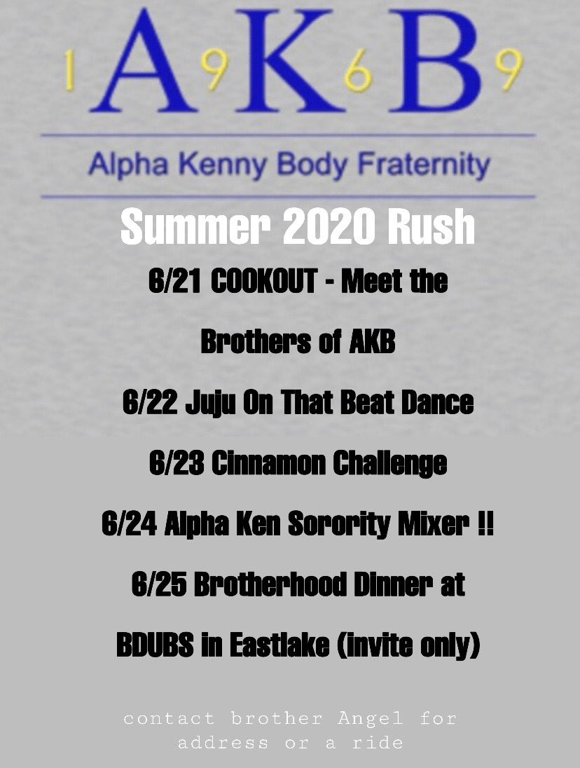 SWCAlphaKen's tweet photo. Excited to announce that Alpha Ken will be kicking off the summer with a variety of events made for all our brothers and sisters to get to know all of our new recruits! Events will be free. Contact @plinyrock for more info! https://t.co/20k2eqtIek