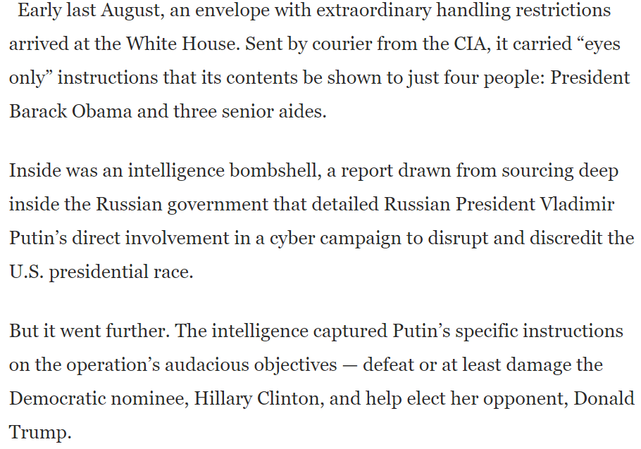 27/ Smolenkov's bombshell contained two crucial conclusions: (1) Vladimir Putin had personally ordered the election hacking campaign, and (2) Putin's goals were to hurt Hillary's electoral odds and assist Trump.