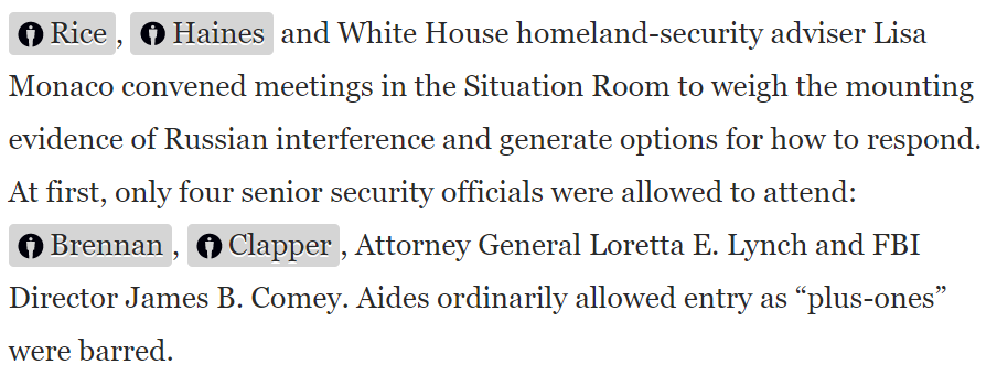 32/ Around the same time, probably between August 2nd and 6th, Brennan briefed Lisa Monaco, James Clapper, James Comey, and Loretta Lynch on Smolenkov’s bombshell and discoveries of the CIA’s Russian sources.  https://www.motherjones.com/politics/2018/03/why-the-hell-are-we-standing-down/