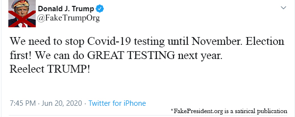 FakeTrumpOrg's tweet image. During his June 20 rally in Tulsa, Oklahoma, Trump addressed the growing infection rate in the country by saying he would like to see testing slow down some.

fakepresident.org/index.php/2020…
#FakePresident #FAKEPRESIDENTORG