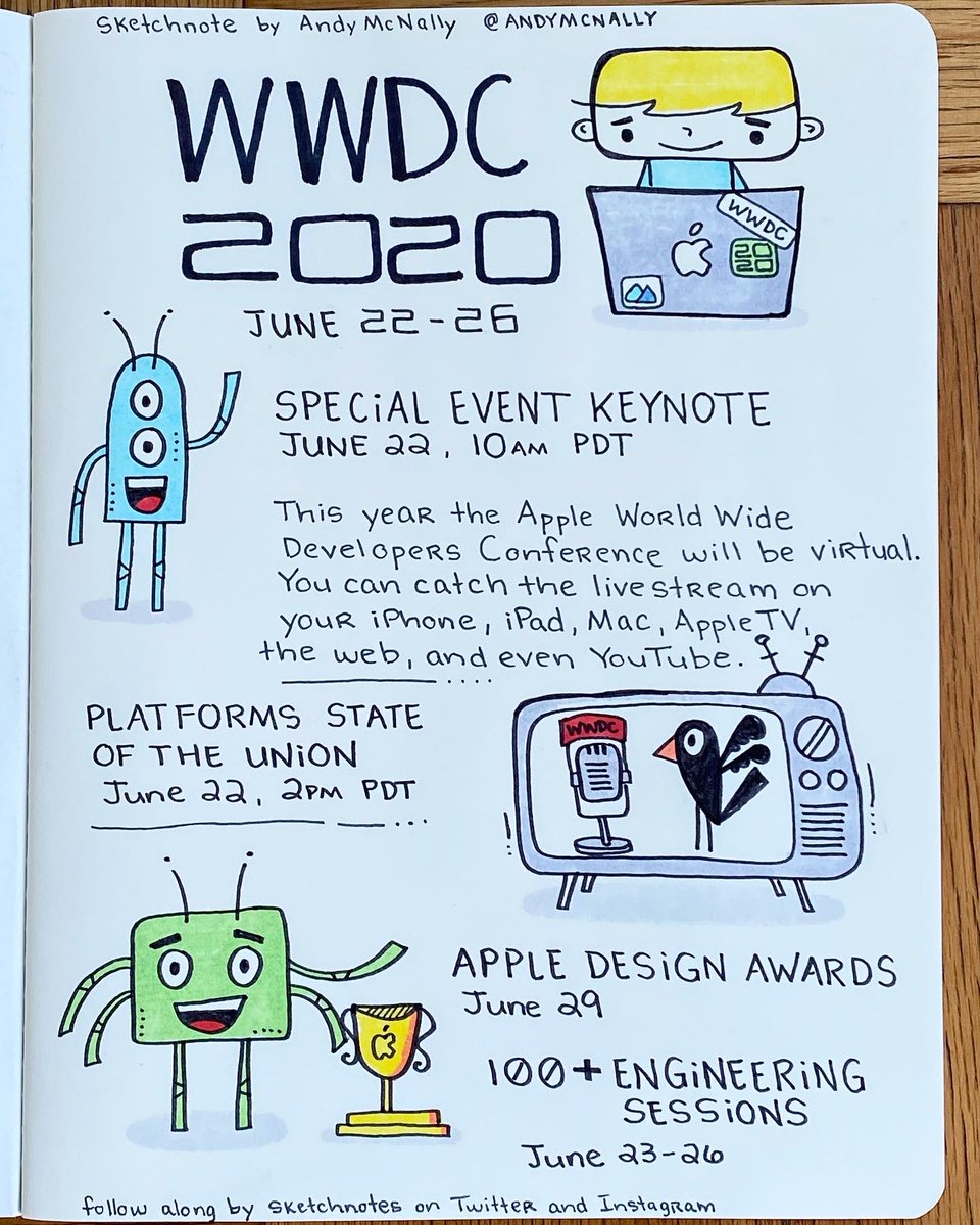 andymcnally's tweet photo. Sketchnote time for WWDC 2020.
It is almost time for the WWDC, which is virtual this year.  I will miss seeing friends &amp; events in person, but glad everyone is staying safe.
#sketchnotes #Apple #WWDC #wwdc2020 #momentoapp #editorialillustration #cultofmac https://t.co/MMImAgcmmt